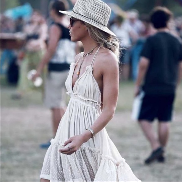 Boho Backless V Halter Swiss Dot Mini Dress cream - Picture 7 of 7